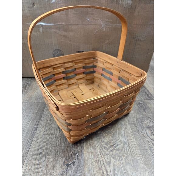 Longaberger Large Handwoven Brown Basket Signed 1988 Red Green Trim With Handle - Picture 6 of 6